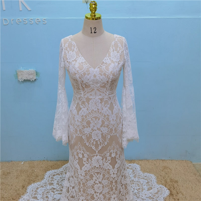 Load image into Gallery viewer, Vintage Bohemia Lace Mermaid Boho Bridal Wedding Dress Vestido De Noiva - TulleLux Bridal Crowns &amp;amp;  Accessories 
