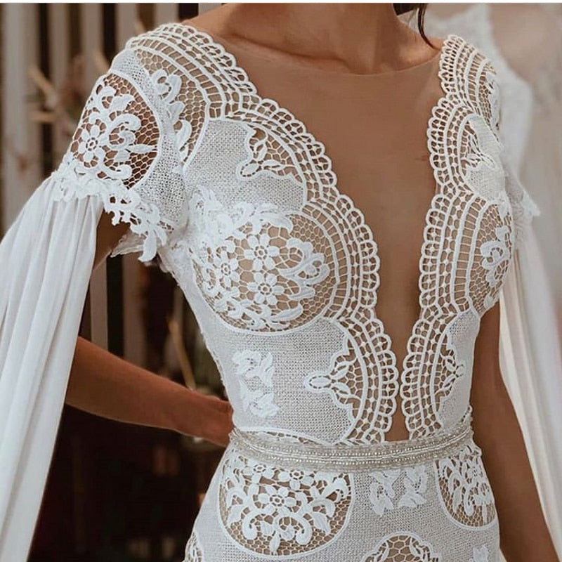 Load image into Gallery viewer, Vintage Bohemia Crochet Lace Mermaid Wedding Dress Detachable Chiffon Sleeves - TulleLux Bridal Crowns &amp;amp;  Accessories 
