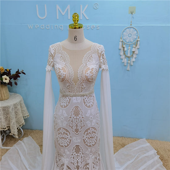 Vintage Bohemia Crochet Lace Mermaid Wedding Dress Detachable Chiffon ...