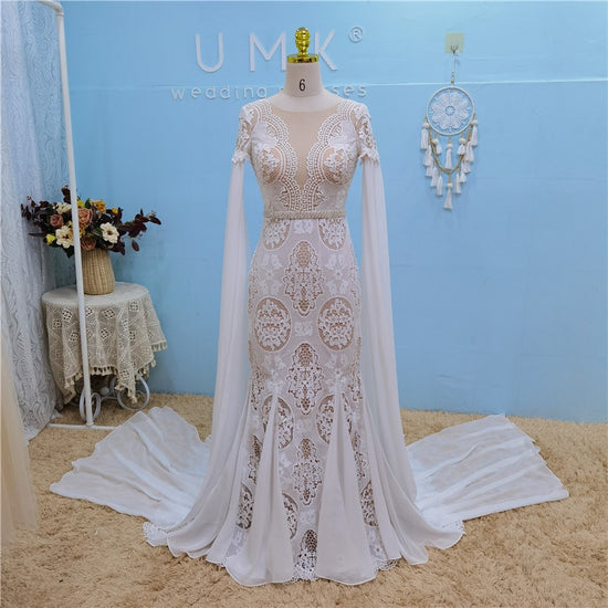 Vintage Bohemia Crochet Lace Mermaid Wedding Dress Detachable Chiffon Sleeves - TulleLux Bridal Crowns &  Accessories 
