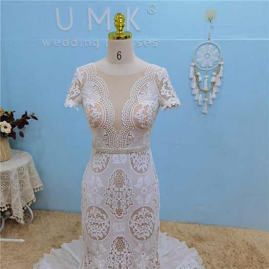 Load image into Gallery viewer, Vintage Bohemia Crochet Lace Mermaid Wedding Dress Detachable Chiffon Sleeves - TulleLux Bridal Crowns &amp;amp;  Accessories 
