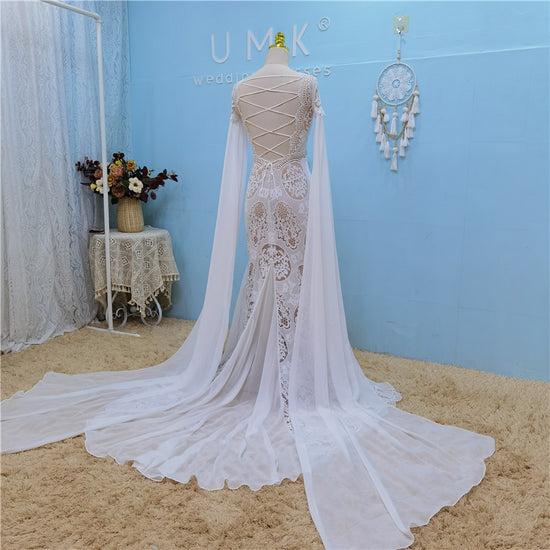 Vintage Bohemia Crochet Lace Mermaid Wedding Dress Detachable Chiffon Sleeves - TulleLux Bridal Crowns &  Accessories 