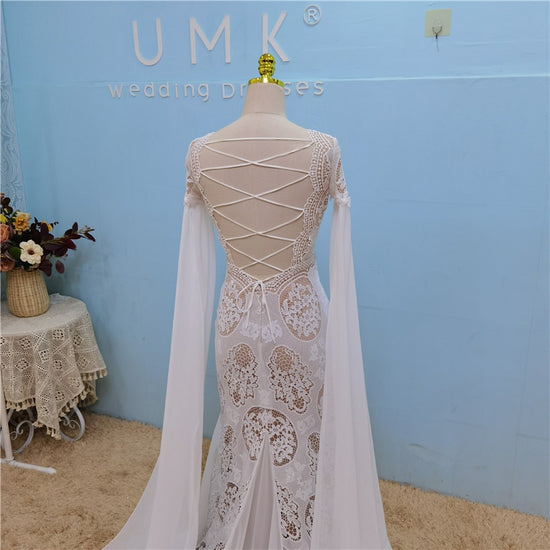 Vintage Bohemia Crochet Lace Mermaid Wedding Dress Detachable Chiffon Sleeves - TulleLux Bridal Crowns &  Accessories 