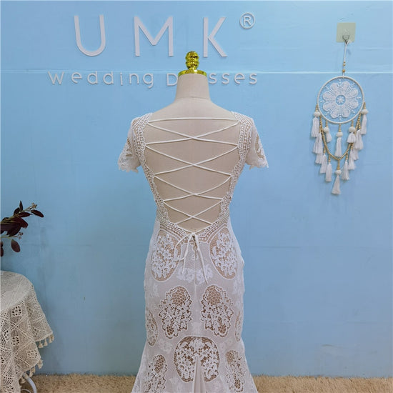 Vintage Bohemia Crochet Lace Mermaid Wedding Dress Detachable Chiffon Sleeves - TulleLux Bridal Crowns &  Accessories 