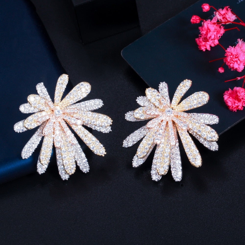 Three Tone Gold Multi Layer Firework Flower Cubic Zirconia Luxury Earrings