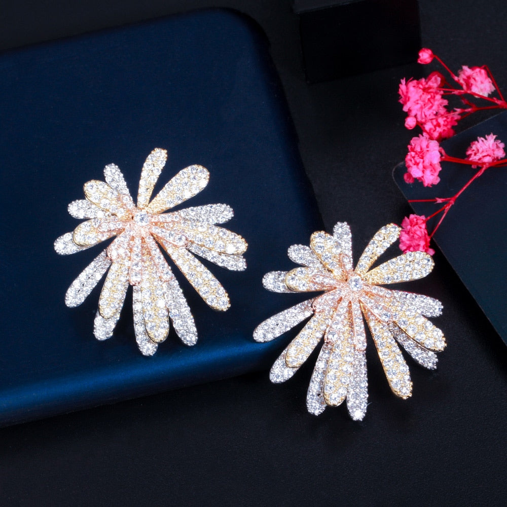 
                      
                        Three Tone Gold Multi Layer Firework Flower Cubic Zirconia Luxury Earrings
                      
                    