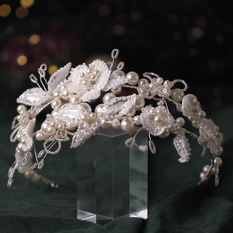 Silver Color Pearl Crystal Tiara Hairband Headband Bridal Hair Jewelry - TulleLux Bridal Crowns &  Accessories 