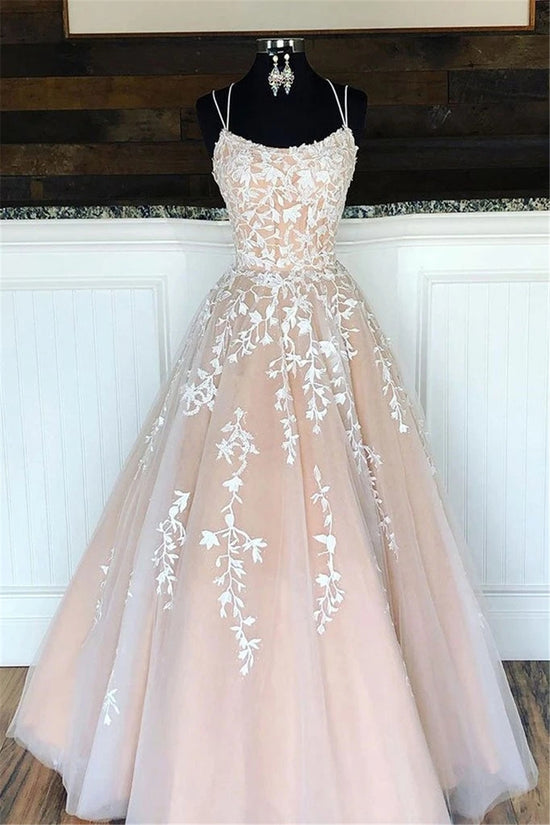 Load image into Gallery viewer, Spaghetti Strap Champagne Lace Tulle Long Princess Wedding Dress Backless Bridal Gown
