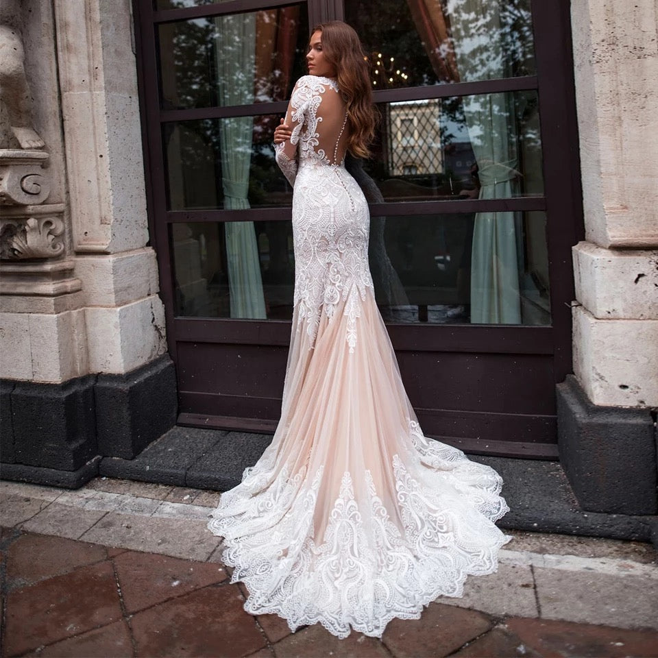 Lace Mermaid Wedding Dress Illusion Tulle Bridal Gown With Button Back