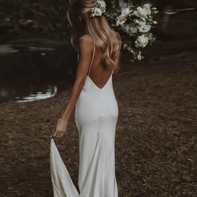 Slender Boho Beach Bridal Chiffon Mermaid Slip Wedding Dress