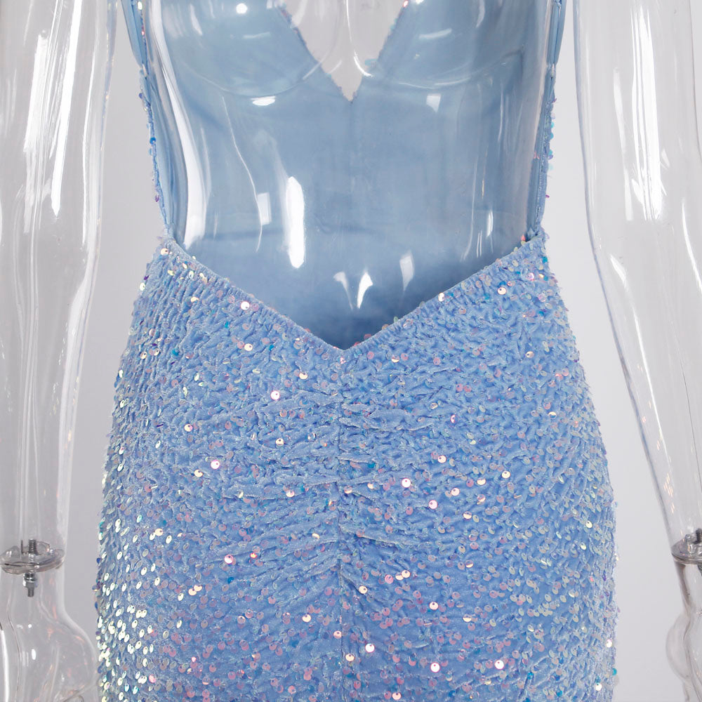 Load image into Gallery viewer, Blue Backless Slip Sequin Mermaid Stretch Prom Evening Gown

