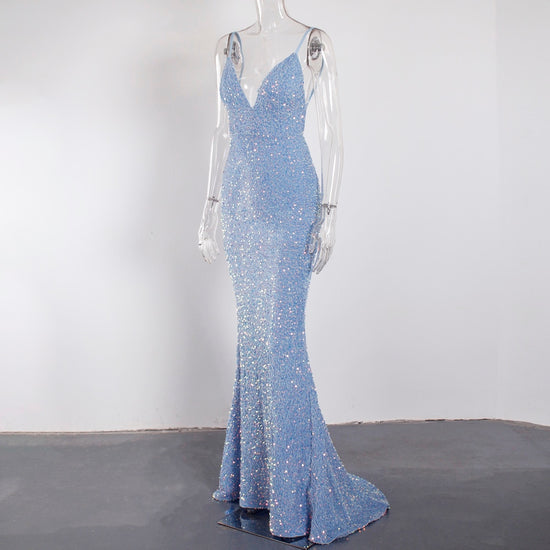 Load image into Gallery viewer, Blue Backless Slip Sequin Mermaid Stretch Prom Evening Gown
