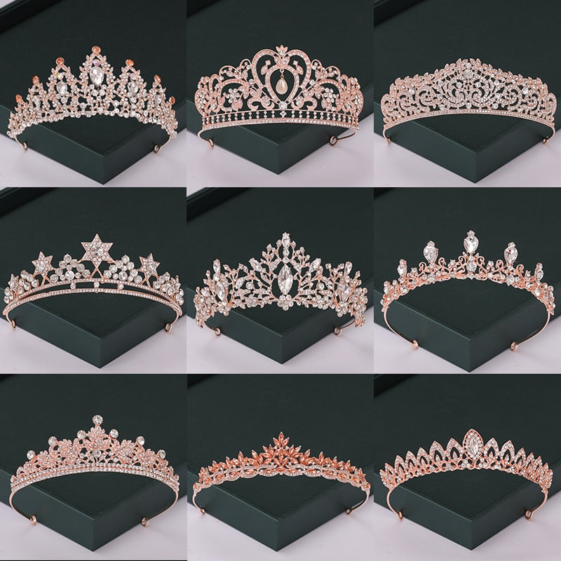 Trendy Rose Gold Crystal Tiaras Crowns Princess Party Hair Accessory