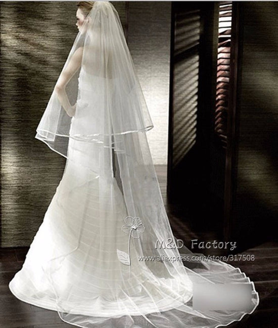 2 Layers 3 Meters Long Satin Ribbon Edge White Ivory Wedding Bridal Veil - TulleLux Bridal Crowns &  Accessories 