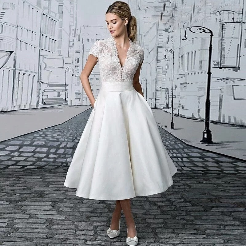 Tea-Length Cap Sleeve V-Neck Lace Satin A-Line Civil Bridal Wedding Dress