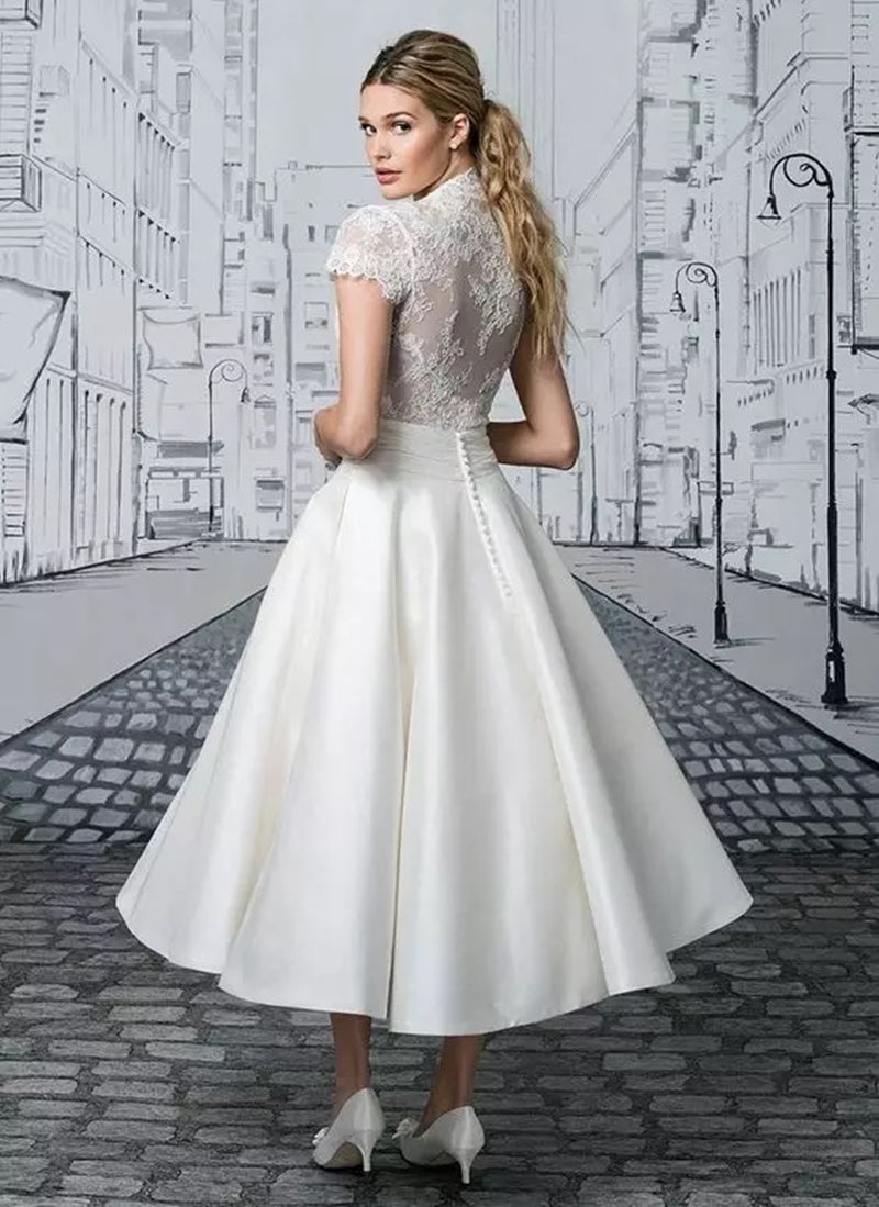 Tea-Length Cap Sleeve V-Neck Lace Satin A-Line Civil Bridal Wedding Dress