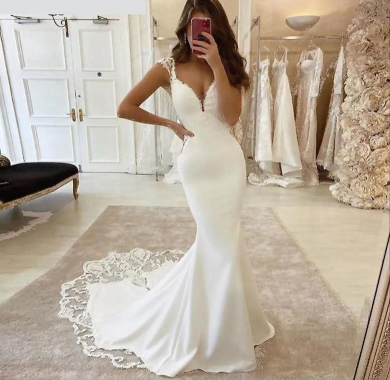 Load image into Gallery viewer, Crepe Satin Lace Deep V Mermaid Bridal Wedding Gown - TulleLux Bridal Crowns &amp;amp;  Accessories 
