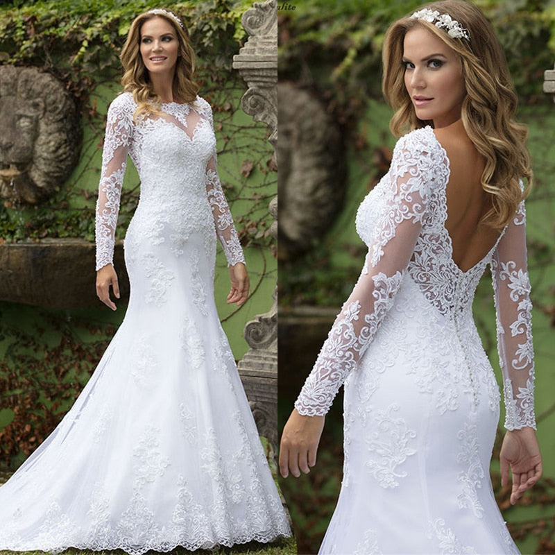 Lace High Neck Lace Sleeve Mermaid Wedding Bridal Gown - TulleLux Bridal Crowns &  Accessories 