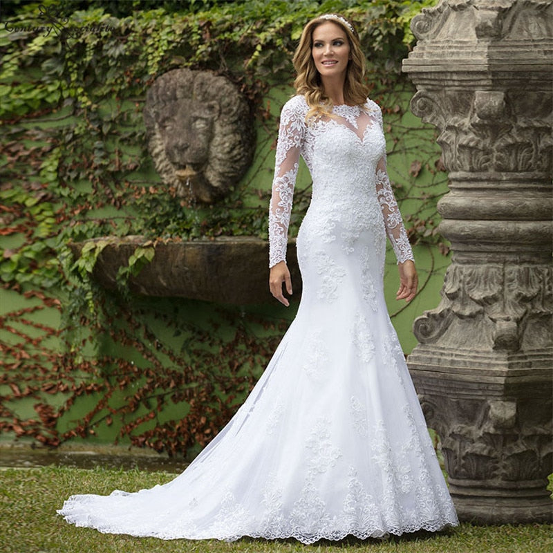 Lace High Neck Lace Sleeve Mermaid Wedding Bridal Gown - TulleLux Bridal Crowns &  Accessories 