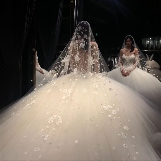 Cathedral Length Wedding Veil 3D Flowers Pearls Bridal Veil