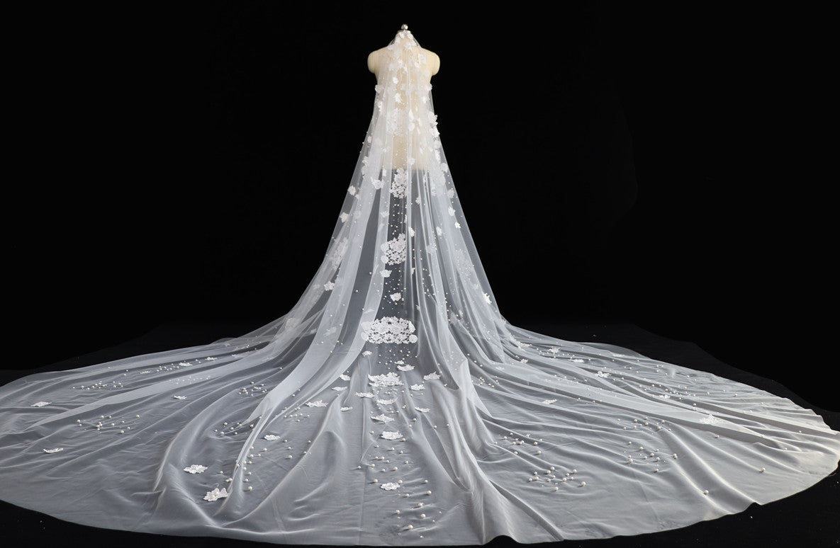 Cathedral Length Wedding Veil 3D Flowers Pearls Bridal Veil