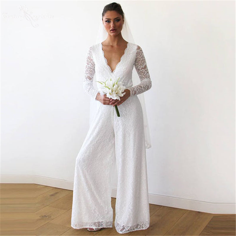 Simple Women Jumpsuits Boho Wedding Dresses Long Sleeve V-Neck Lace Bride Reception Jumpsuit Bridal Pantsuits Vestido De Noiva