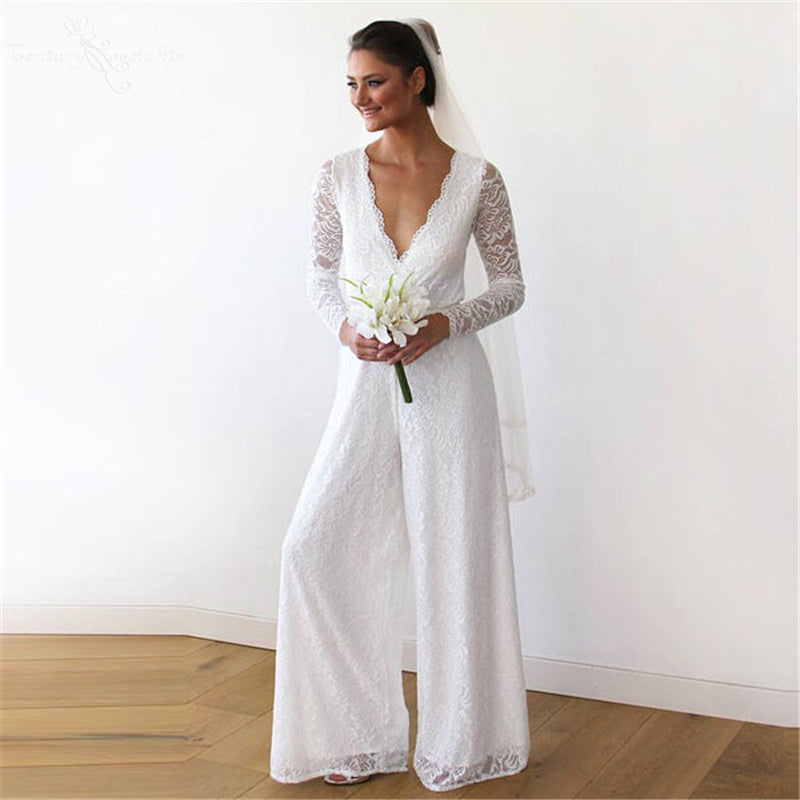 
                      
                        Simple Women Jumpsuits Boho Wedding Dresses Long Sleeve V-Neck Lace Bride Reception Jumpsuit Bridal Pantsuits
                      
                    