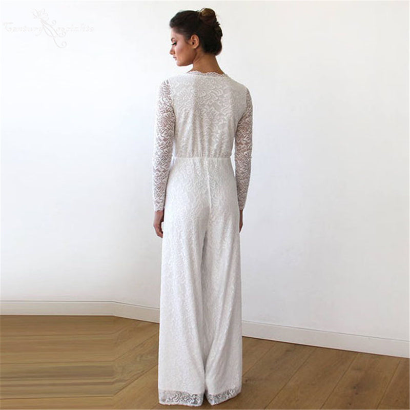 
                      
                        Simple Women Jumpsuits Boho Wedding Dresses Long Sleeve V-Neck Lace Bride Reception Jumpsuit Bridal Pantsuits
                      
                    