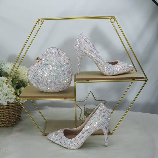 FASHION SHOE Matching Shoes and Bag Set Women's Evening Wear Rhinestone  Pump heels Gold Color Party Pointed Toe Ladies Sandals