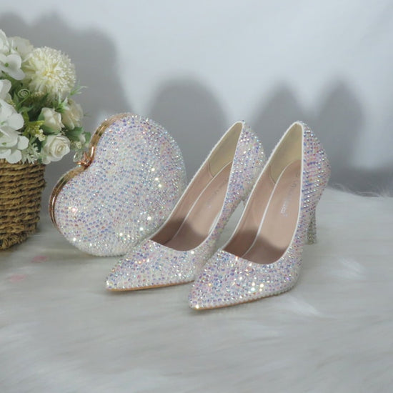 White Heart AB Bling Pointed Toe Thin High Heel Party Pumps Shoes