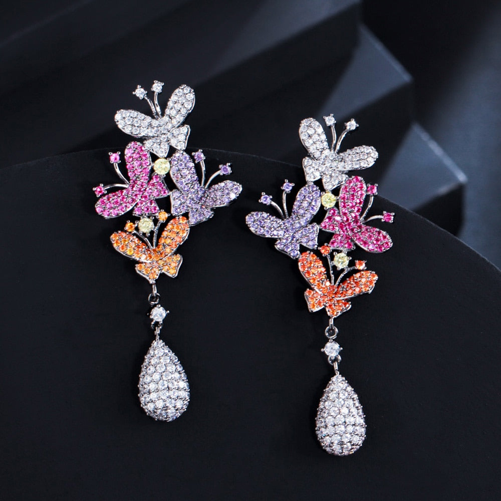 Micro Pave Cubic Zirconia Purple Red Long Butterfly Drop Earrings