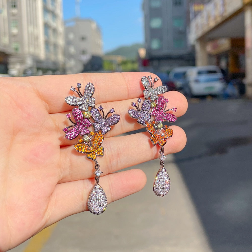 Load image into Gallery viewer, Micro Pave Cubic Zirconia Purple Red Long Butterfly Drop Earrings
