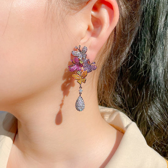 Load image into Gallery viewer, Micro Pave Cubic Zirconia Purple Red Long Butterfly Drop Earrings
