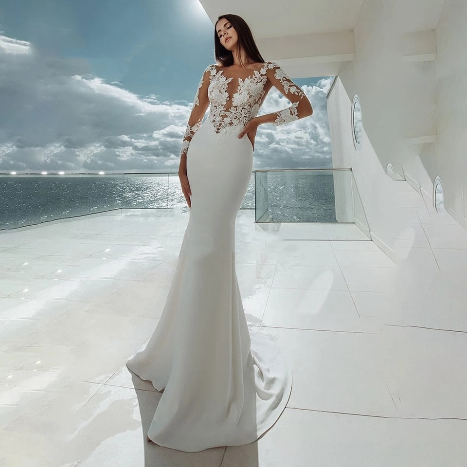 Satin Mermaid Wedding Dress Illusion Lace Sleeve Button Back Bridal Gown