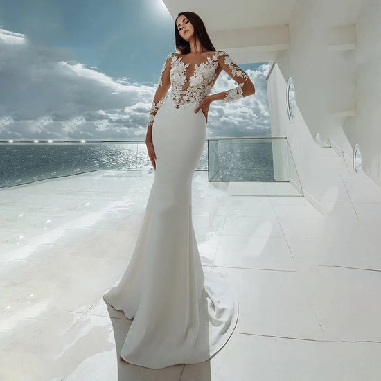 Load image into Gallery viewer, Satin Mermaid Wedding Dress Illusion Lace Sleeve Button Back Bridal Gown
