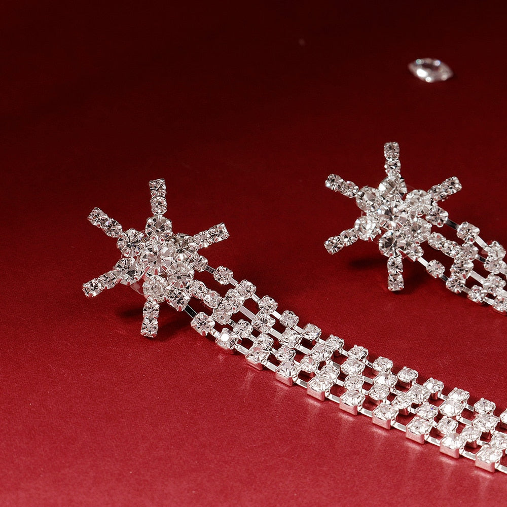 Long Chain Tassel Drop Earrings Silver Color Rhinestone Earrings - TulleLux Bridal Crowns &  Accessories 