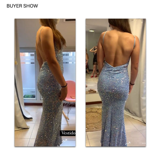 Blue Backless Slip Sequin Mermaid Stretch Prom Evening Gown – TulleLux  Bridal Crowns & Accessories