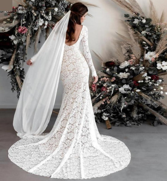 Lace Boho Long Sleeve Bridal Wedding Dress - TulleLux Bridal Crowns &  Accessories 