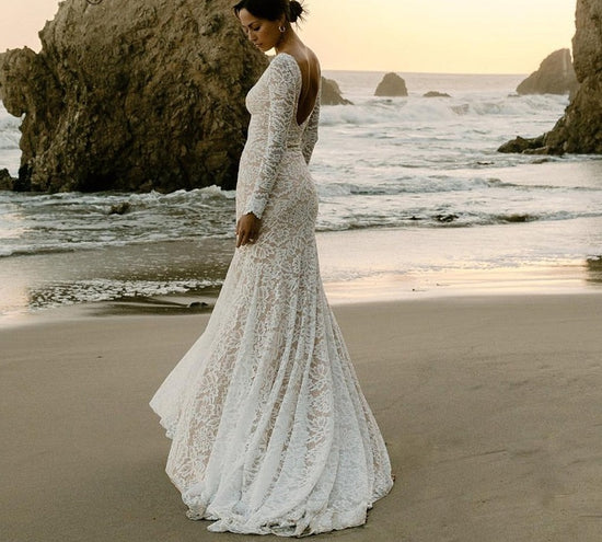 Lace Boho Long Sleeve Bridal Wedding Dress - TulleLux Bridal Crowns &  Accessories 