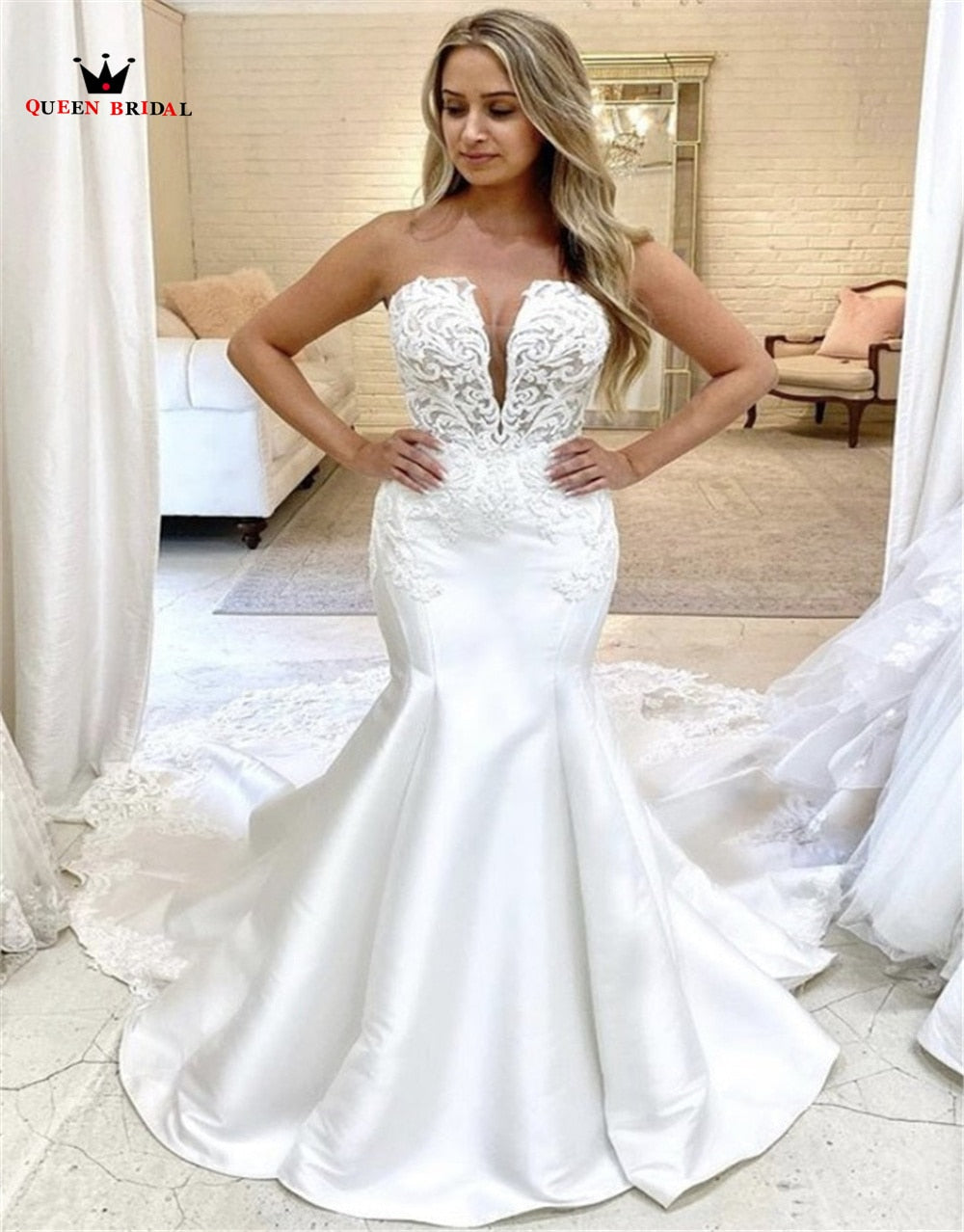 Strapless Satin Lace Deep V Mermaid Wedding Bridal Gown – TulleLux