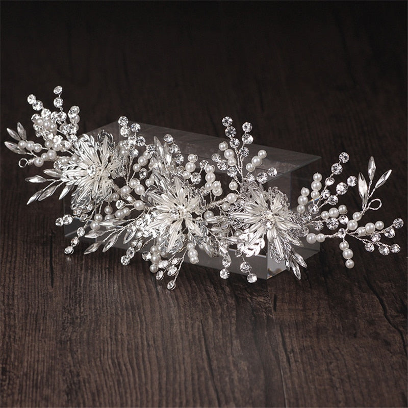 Load image into Gallery viewer, Silver Floral Rhinestone Pearl Wedding Long Hair Comb Bridal Headpiece
