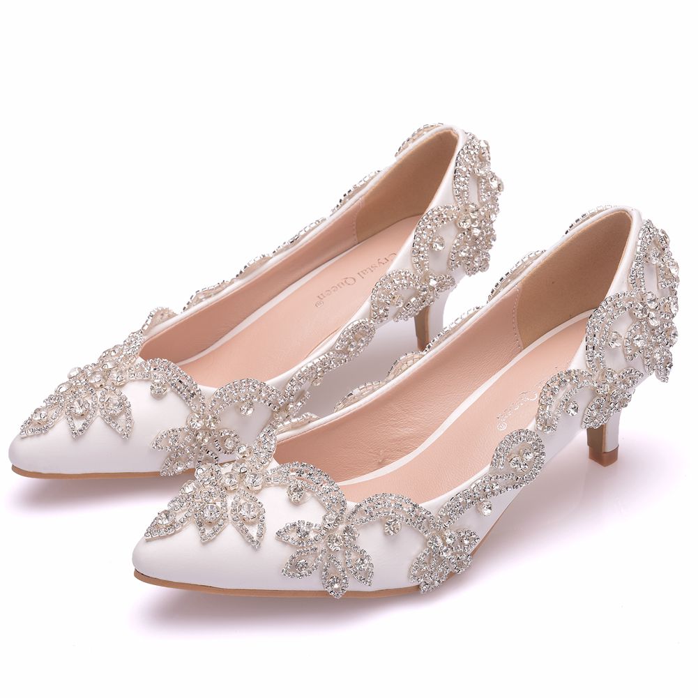 Princess Pointed Toe Dress White Matte Rhinestone Wedding Pumps