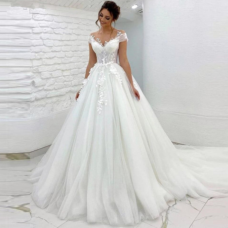 3D Flowers Off The Shoulder Bridal A Line Sweep Train Wedding Gown