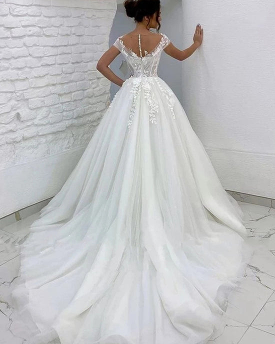 3D Flowers Off The Shoulder Bridal A Line Sweep Train Wedding Gown
