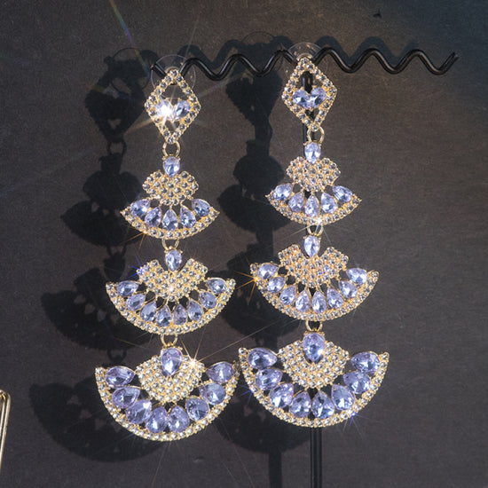 Load image into Gallery viewer, Vintage Green Crystal Drop Earrings Oversize Long Sector Geometric Dangle Earrings
