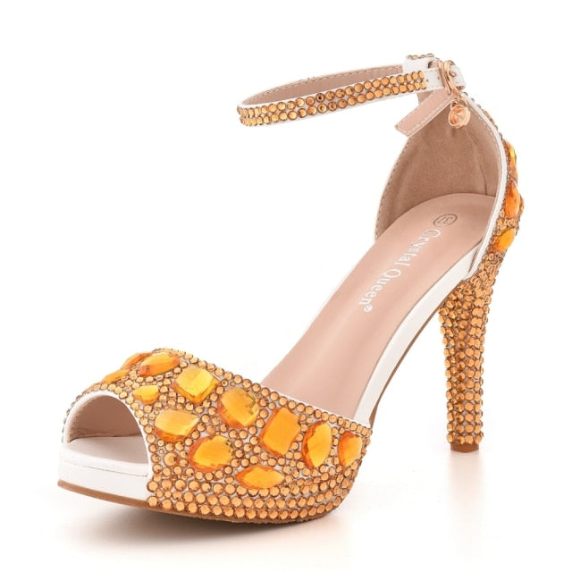 Peep Toe Thick High Heels Platform Rhinestone Stiletto Shoes