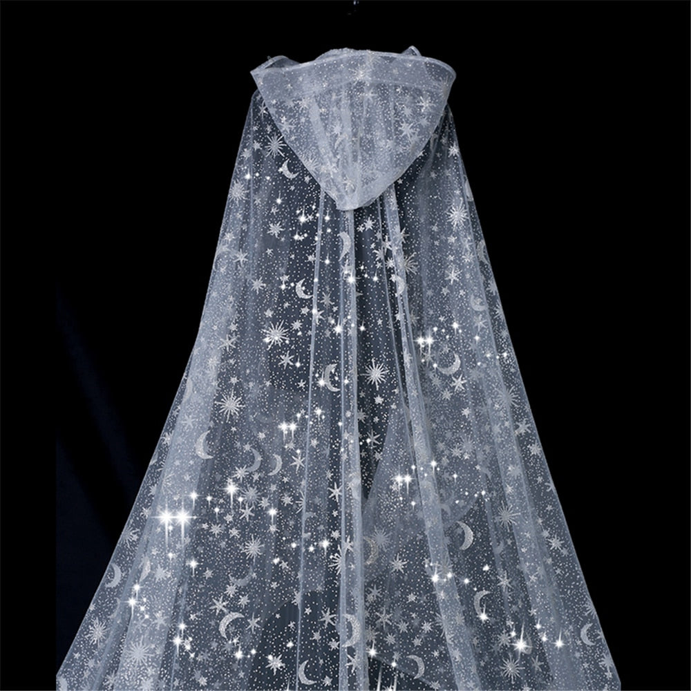 Load image into Gallery viewer, White Sparkly Sequin Glitter Bling Bridal Hooded Cape Cathedral Wedding Veil Cloak
