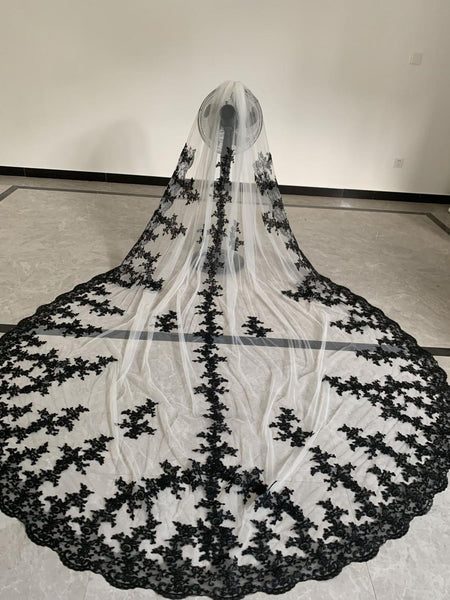 Cathedral Wedding Veil One Layer White Or Ivory Bridal Veil Black Lace ...