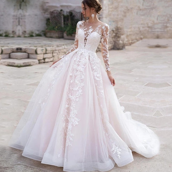 Luxury Pink Long Lace Sleeve Royal Train Bride Wedding Gown Vestido De Novia Princess