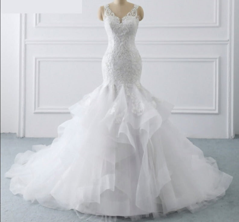 Ruffled Organza Lace Mermaid Sweep Train  Wedding Dress Bridal Dress